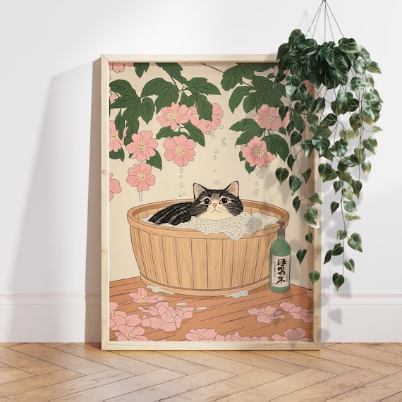 Tabby Cat In Bathtub, Japanese Minimalist Poster