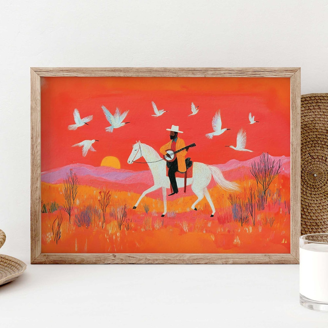 Cowboy Playing Banjo, Western Boho Art Print
