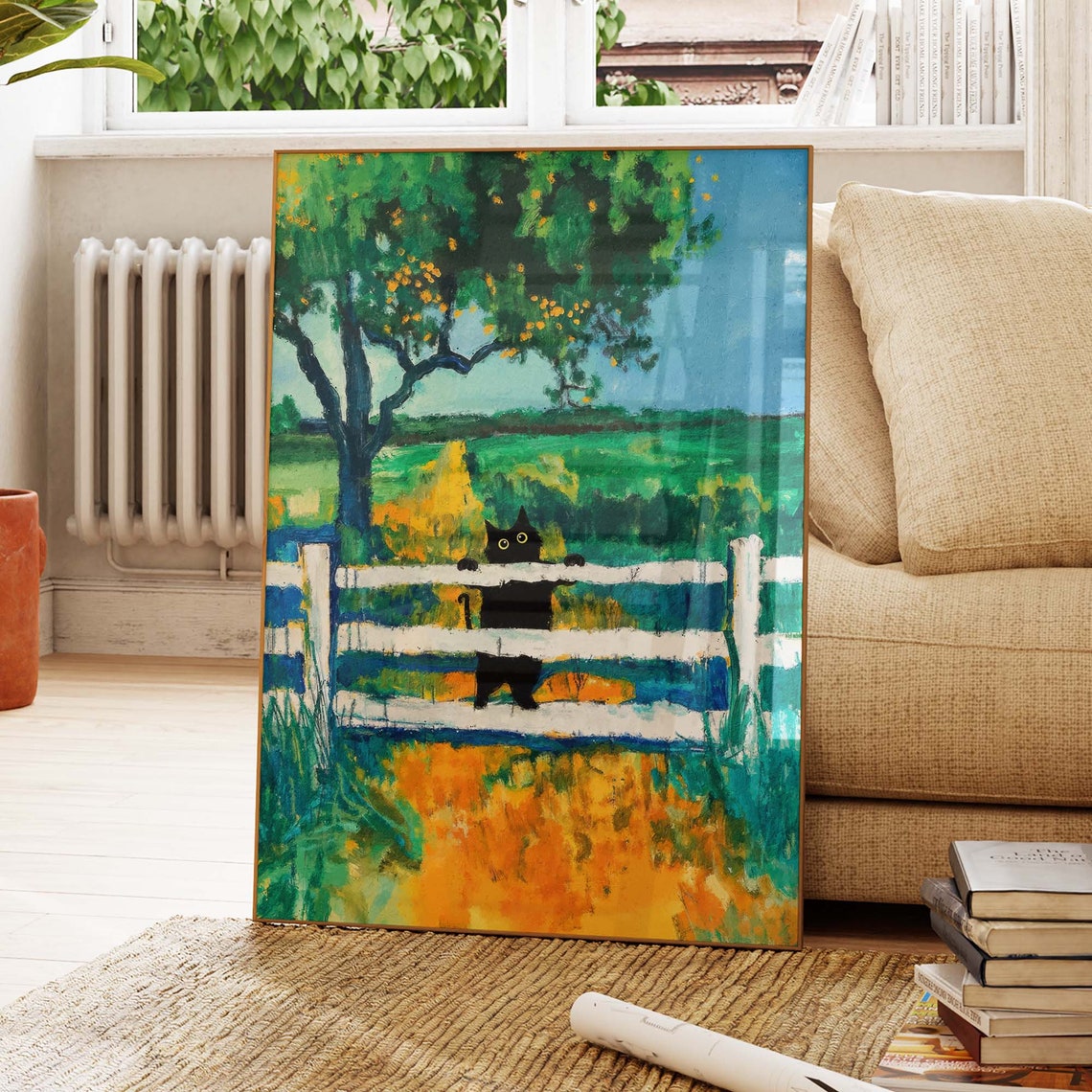 Black Cat Climbing A White Fence In A Countryside Garden Poster