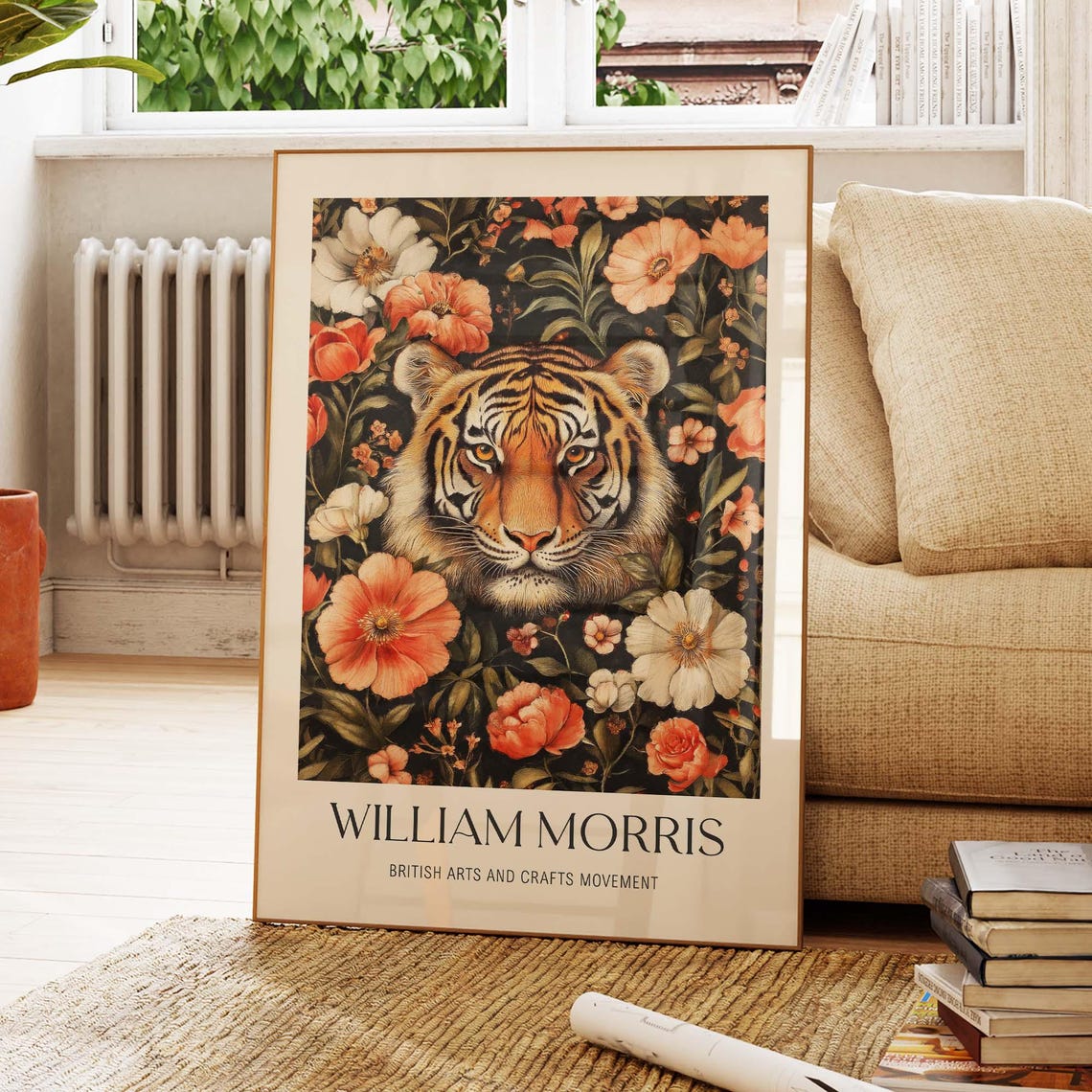 William Morris Style Tiger Face Among Orange And White Flowers Poster
