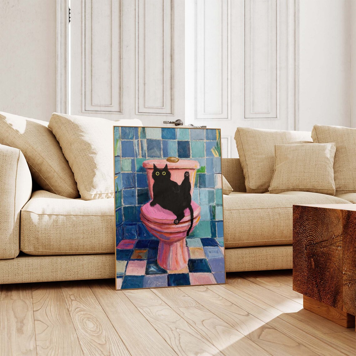 Black Cat Sitting On Pink Toilet In Blue Tiled Bathroom Funny Art Poster - Image 3