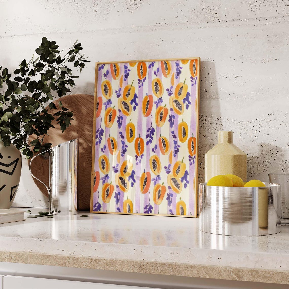 Papaya Slices On Lavender Stripes Tropical Fruit Pattern Poster - Image 4