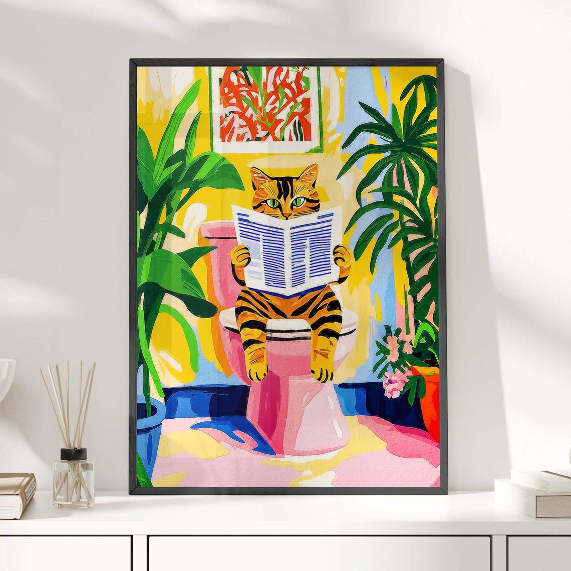 Tabby Cat Reading Newspaper on Pink Toilet Tropical Humor Poster - Image 3