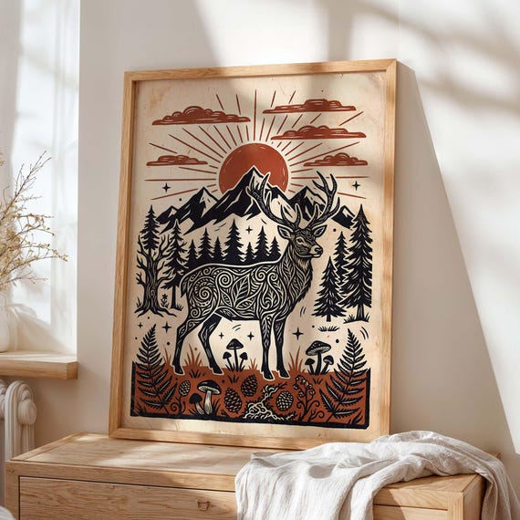 Deer Mountain Rustic Stag Poster, Woodland Folk Decor