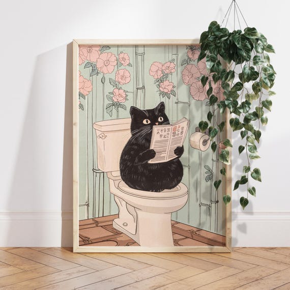 Japanese Style Cat Poster Gift Funny Bathroom Wall Art Black Toilet Print Zen Decor Lover Humor Ps0761
