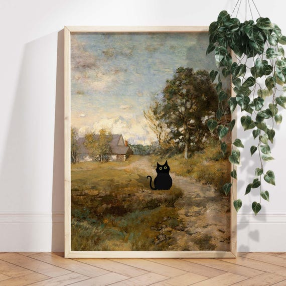 Countryside Cat, Rustic Cottagecore Vintage Nature Decor