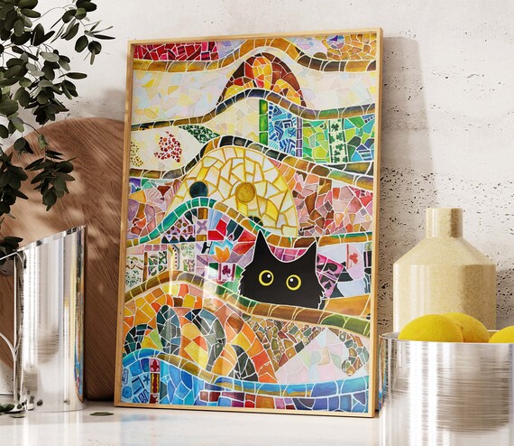 Black Cat Peeking Through Gaudi Style Mosaic Tile Art Poster