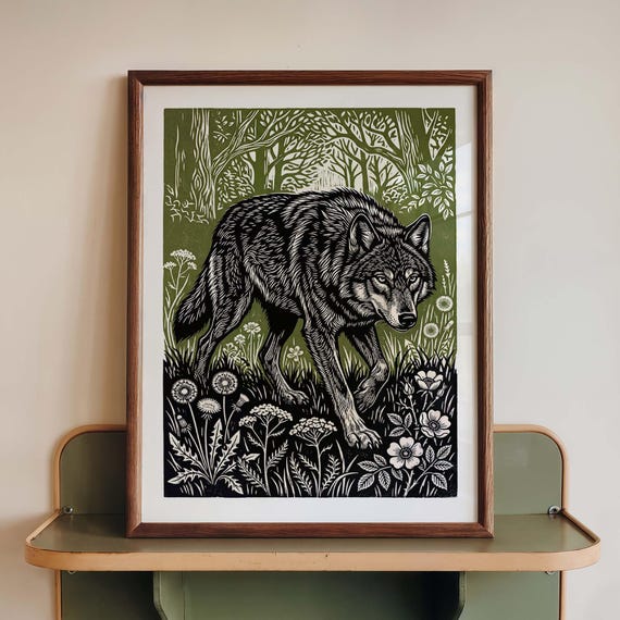 Wolf Wall Art Print Woodland Linocut Poster Olive Green Wildlife Decor Folk Nature Block