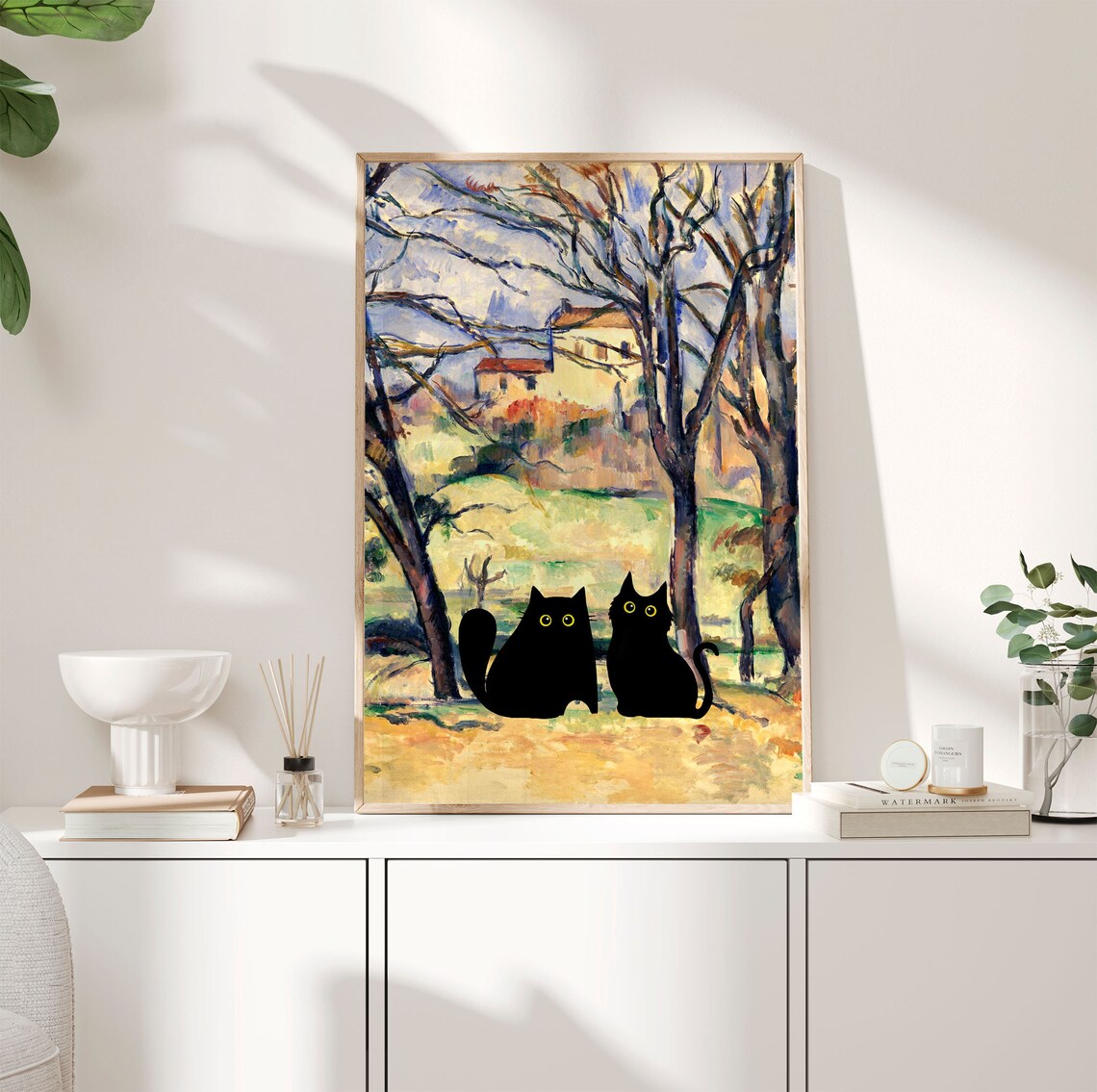 Two Black Cats Among Trees Cezanne Inspired Landscape With Houses Poster - Image 3