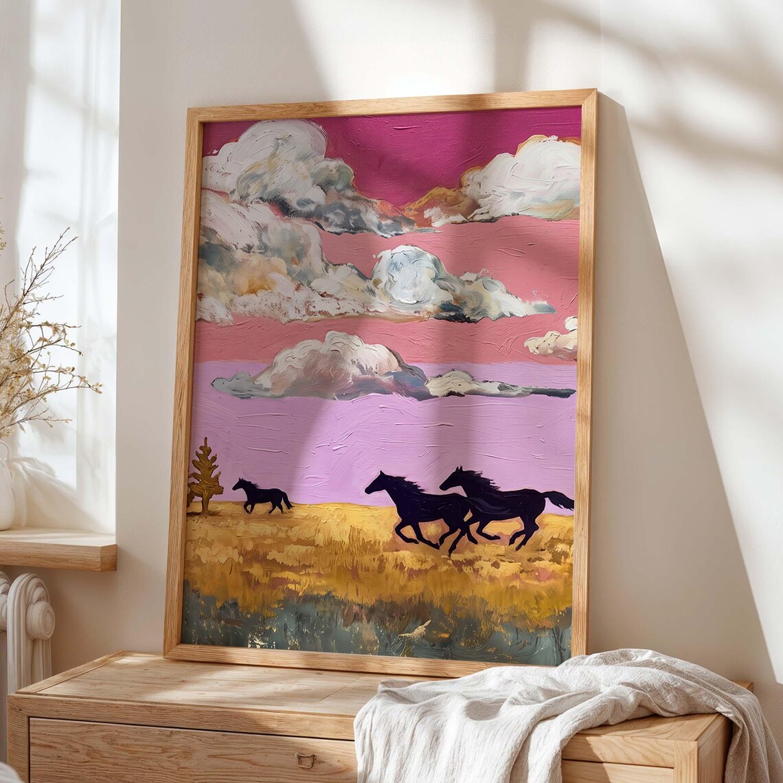 Wild Horses Sunset Prairie Pink Sky Golden Grass Western Landscape Poster