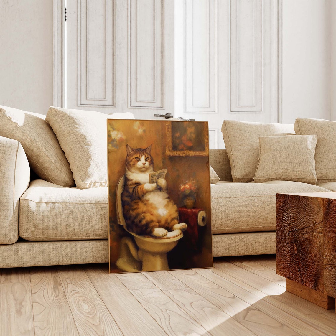 Orange Tabby Cat Sitting On Toilet Reading Newspaper Art Poster - Image 4