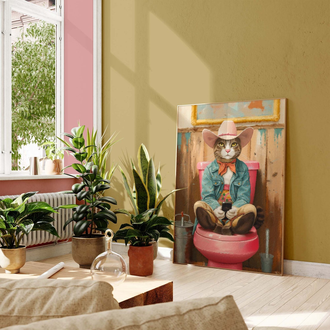 Cowboy Cat in Hat and Denim Jacket Sitting on a Pink Toilet Poster - Image 2