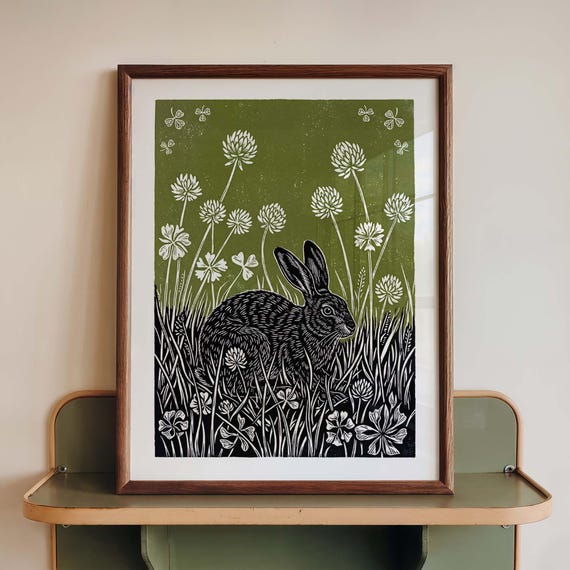 Hare Linocut Poster, Cottagecore Wildlife Decor