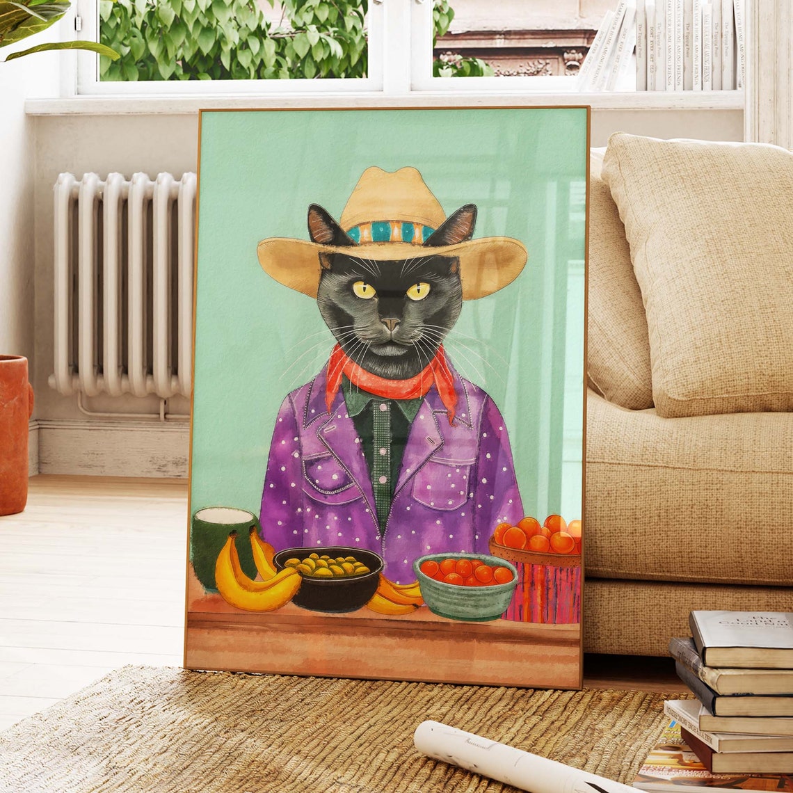 Cowboy Cat Selling Fresh Fruit at a Market Stand with Bananas Poster