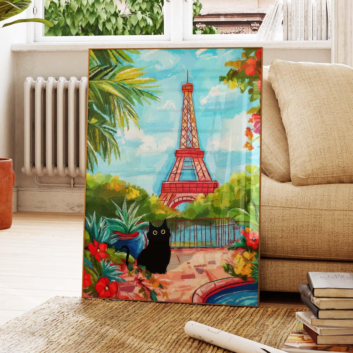 Black Cat In A Paris Garden With The Eiffel Tower View Poster