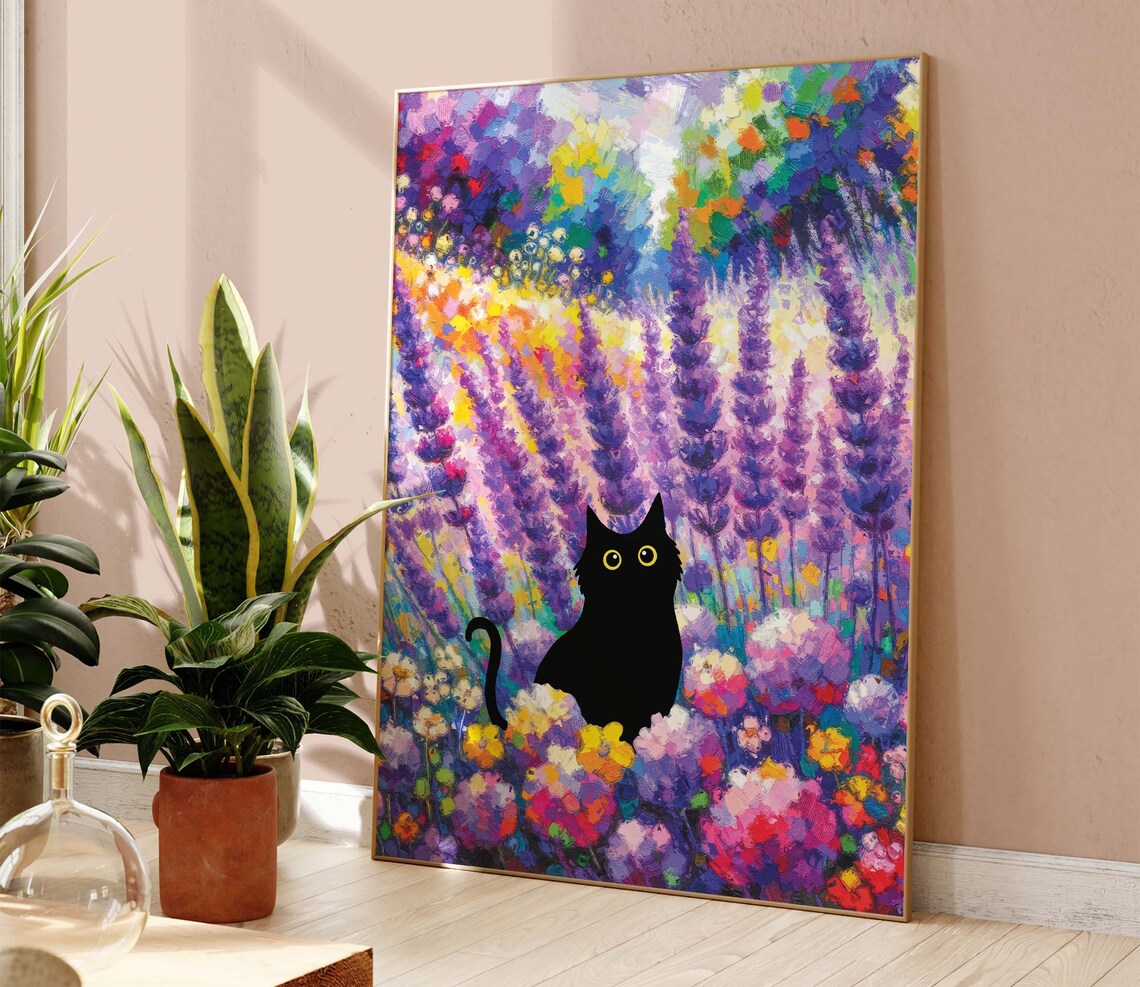 Black Cat In Colorful Lavender Garden Bloom Flower Field Poster