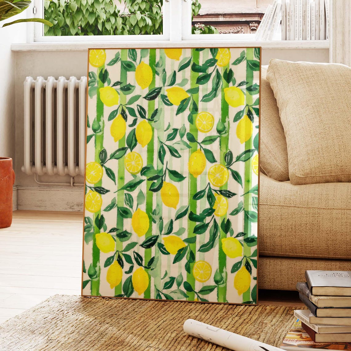 Yellow Lemons And Green Leaves Watercolor Citrus Pattern Poster