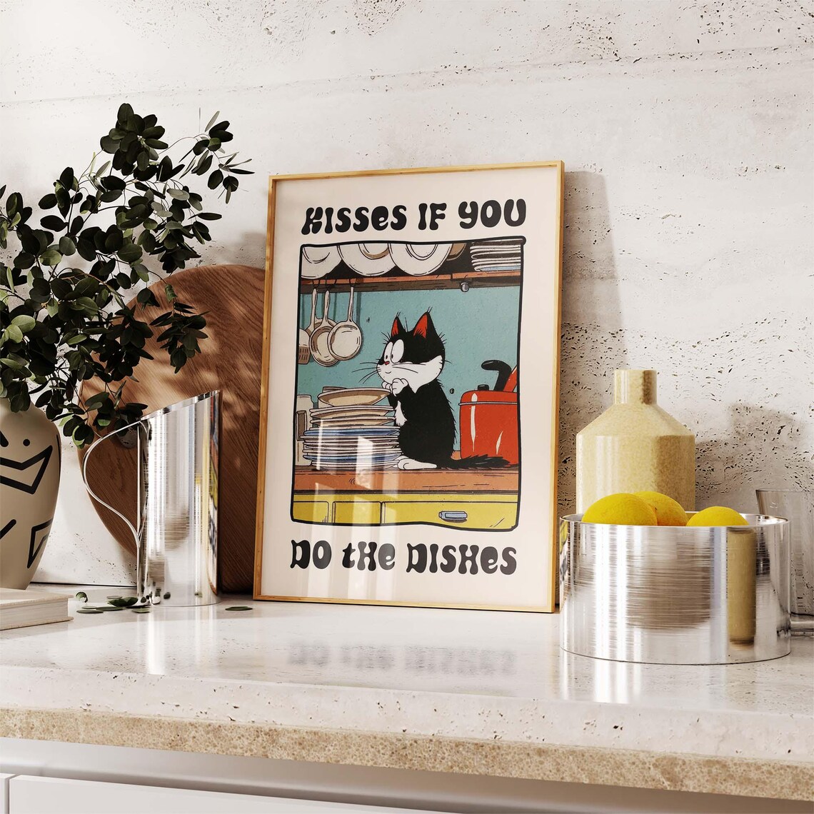 Kisses If You Do The Dishes Funny Cat With Stack Of Plates Retro Poster - Image 4