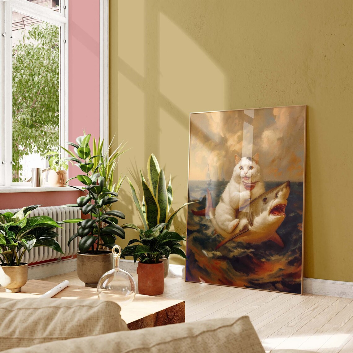 Funny White Cat Riding A Shark Holding A Cocktail In The Ocean Poster - Image 4