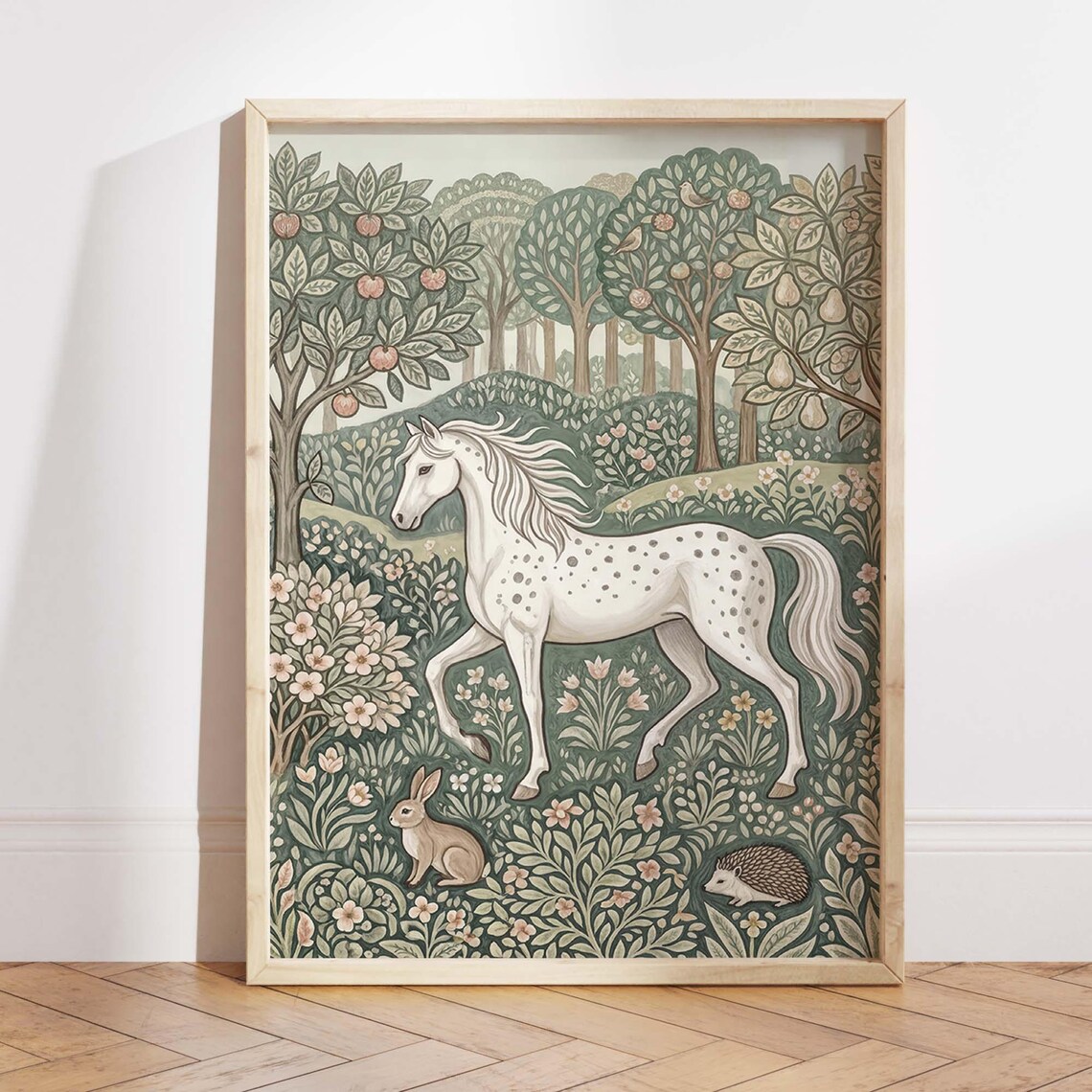 White Horse Orchard Arts And Crafts Poster Floral Forest Animal Art