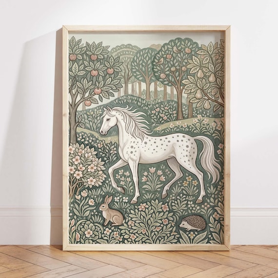 White Horse Orchard Arts And Crafts Poster Floral Forest Animal Art