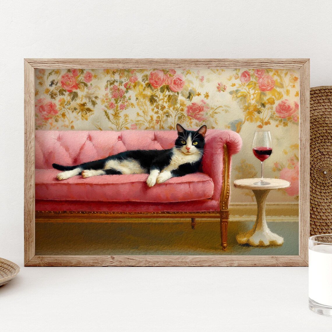 Tuxedo Cat With Red Wine Art Print, Pink Bar Cart Decor