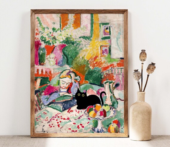 Black Cat in Matisse Fauvist Interior With Reading Woman Poster