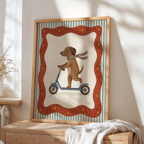 Cute Puppy Scooter Nursery Wall Art Playful Kids Room Dog Decor