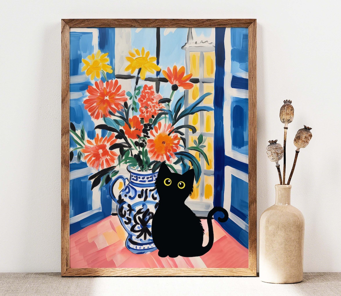 Black Cat Matisse-Inspired Floral Cat Poster