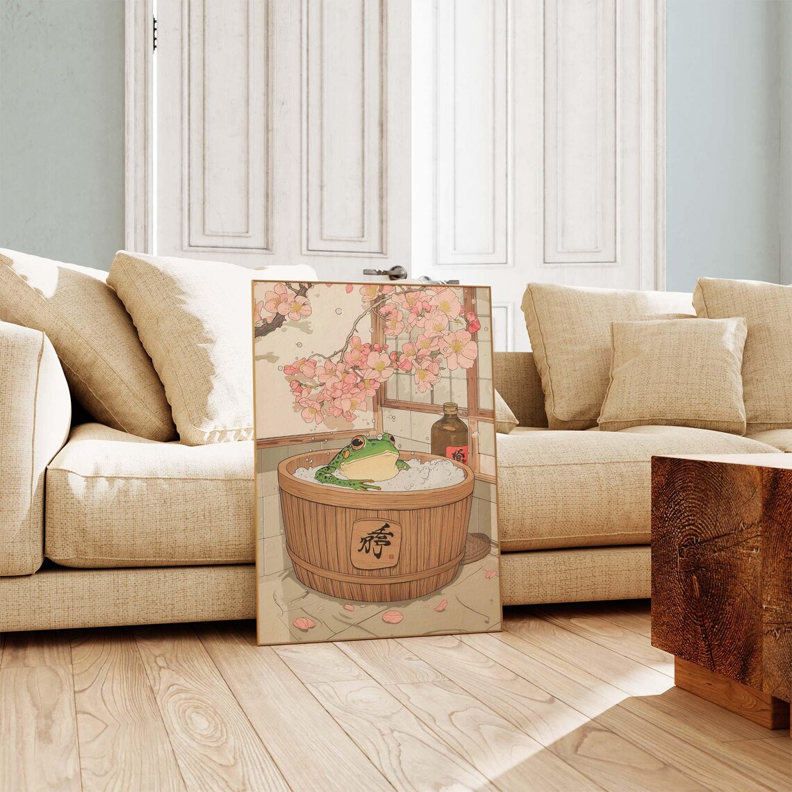 Frog Relaxing in Wooden Bath Tub Japanese Woodblock Art Poster - Image 3