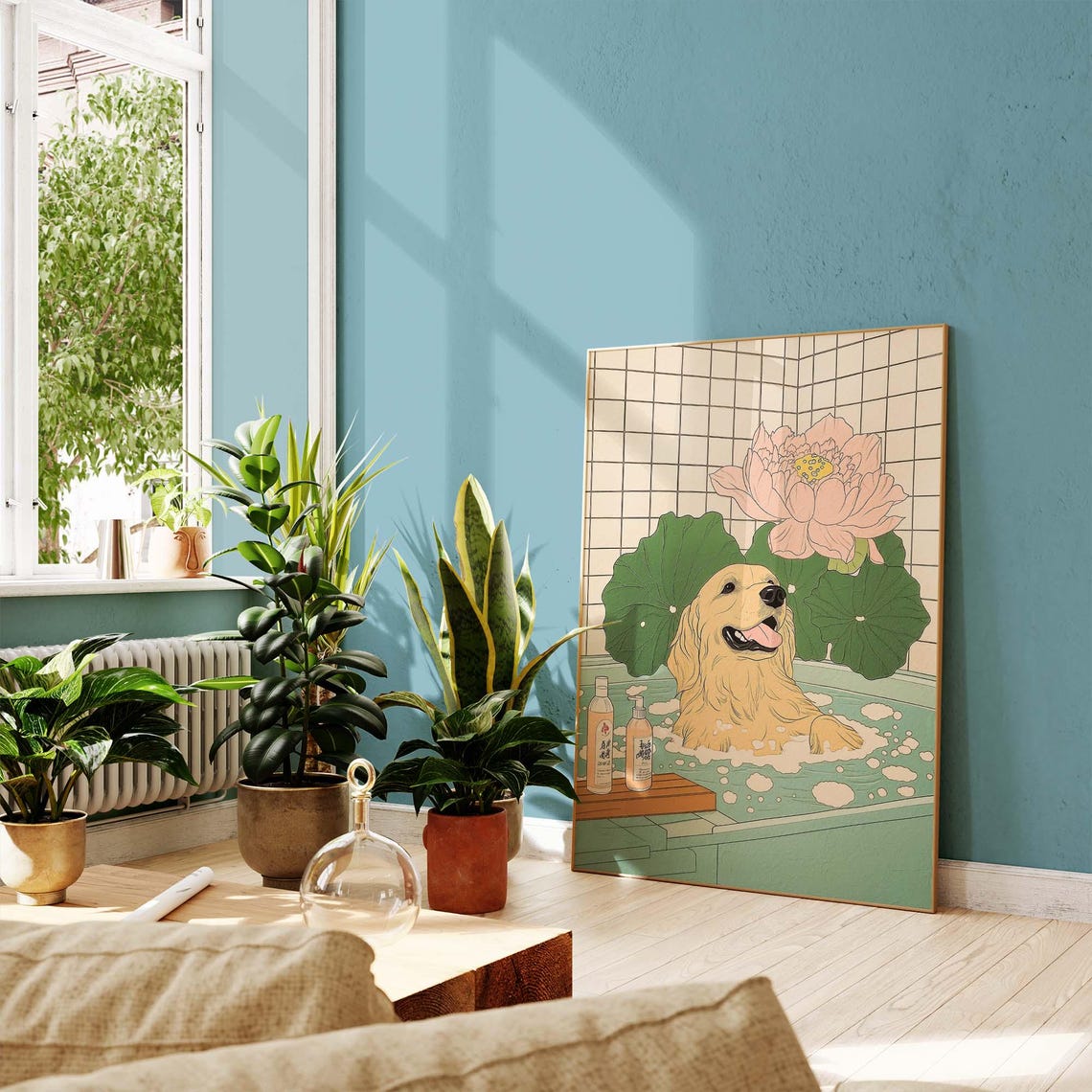 Golden Retriever Enjoying Japanese Onsen Bath With Lotus Bloom Poster - Image 2