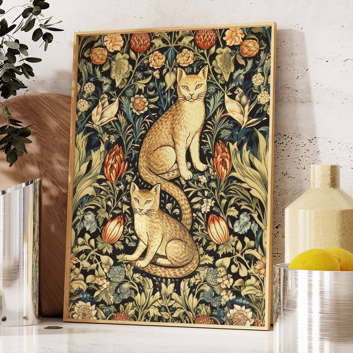 Two Tabby Cats In A William Morris Style Floral Tapestry Poster - Image 3