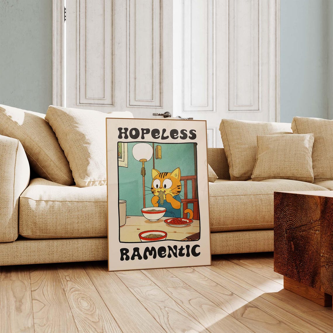 Hopeless Ramentic Funny Orange Tabby Cat Eating Ramen Retro Poster - Image 4