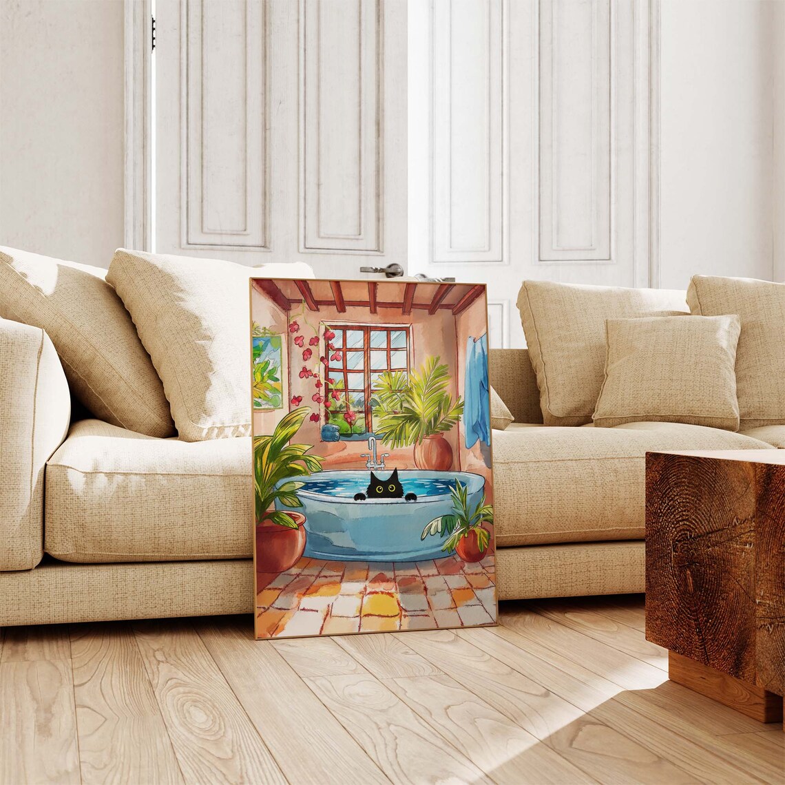 Black Cat Peeking From Bathtub Sunlit Bathroom Plant Art Poster - Image 3