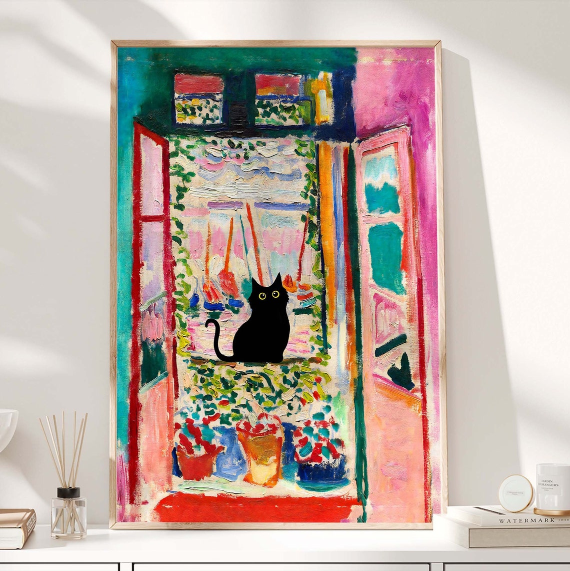 Black Cat in Matisse Style Open Window With Flowers Art Poster - Image 3