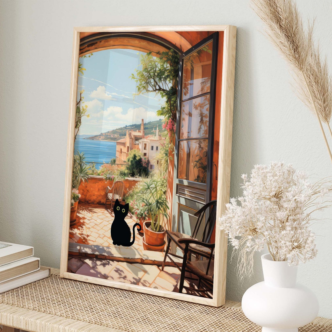 Black Cat on Sunny Mediterranean Sea Terrace Open Window Poster - Image 2