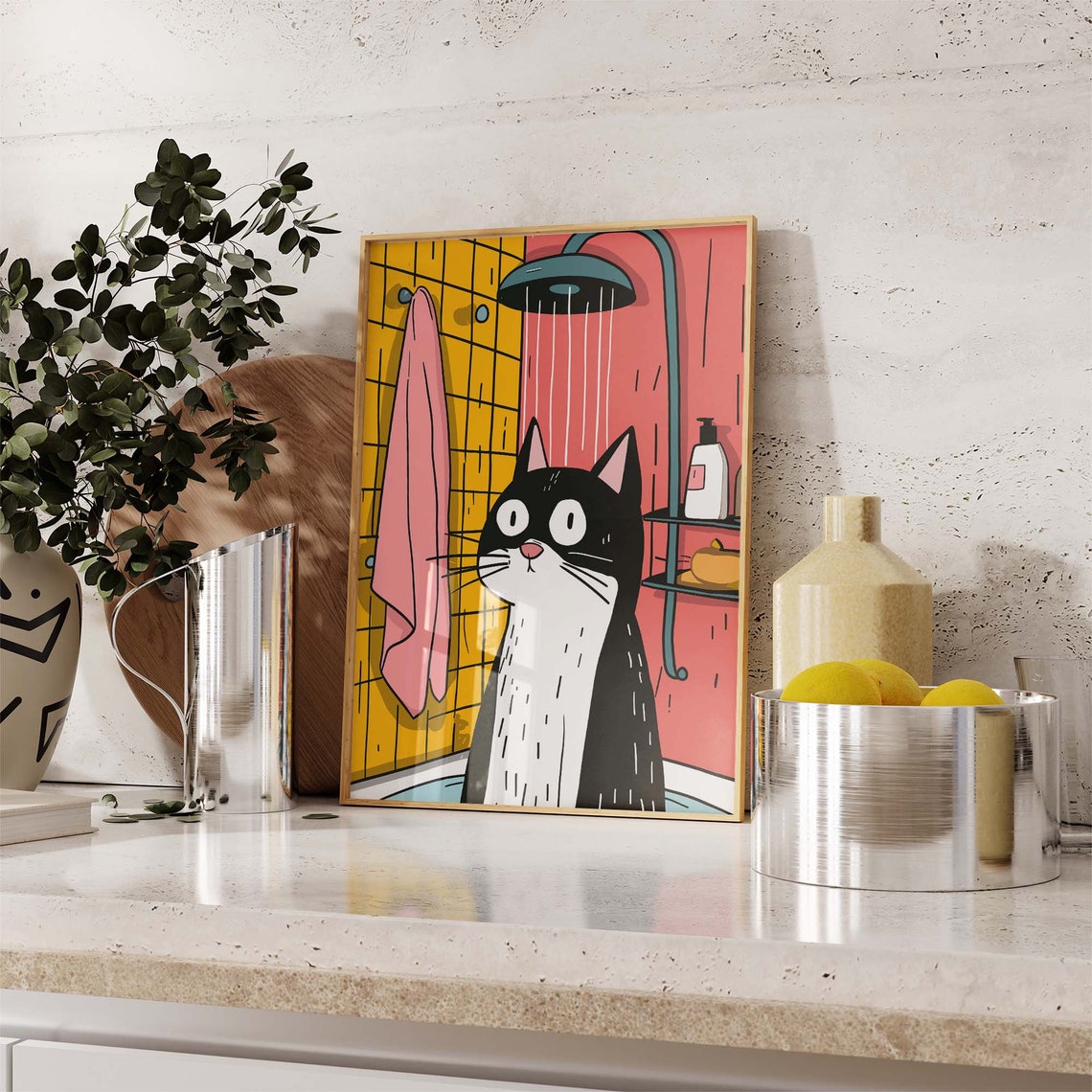 Cartoon Cat Taking A Shower In A Retro Pink Bathroom Funny Poster - Image 2