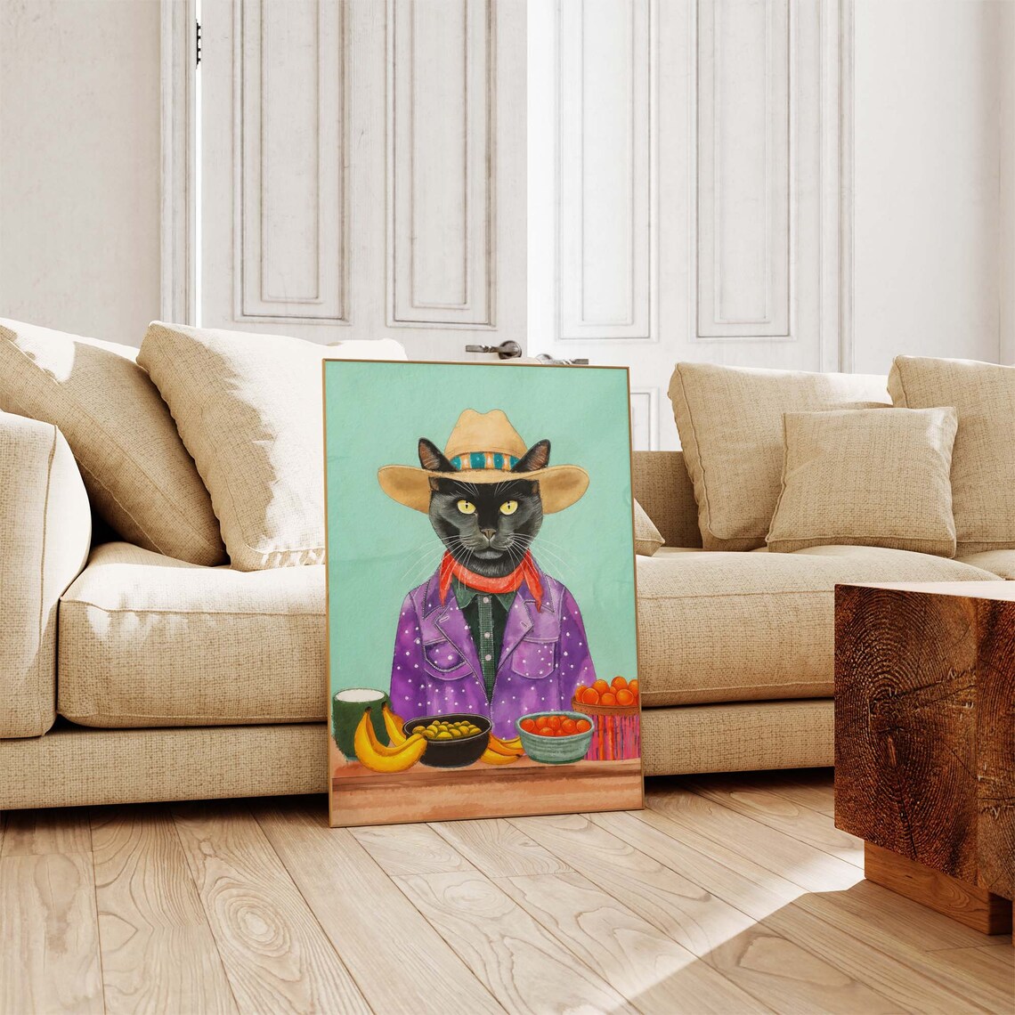 Cowboy Cat Selling Fresh Fruit at a Market Stand with Bananas Poster - Image 3