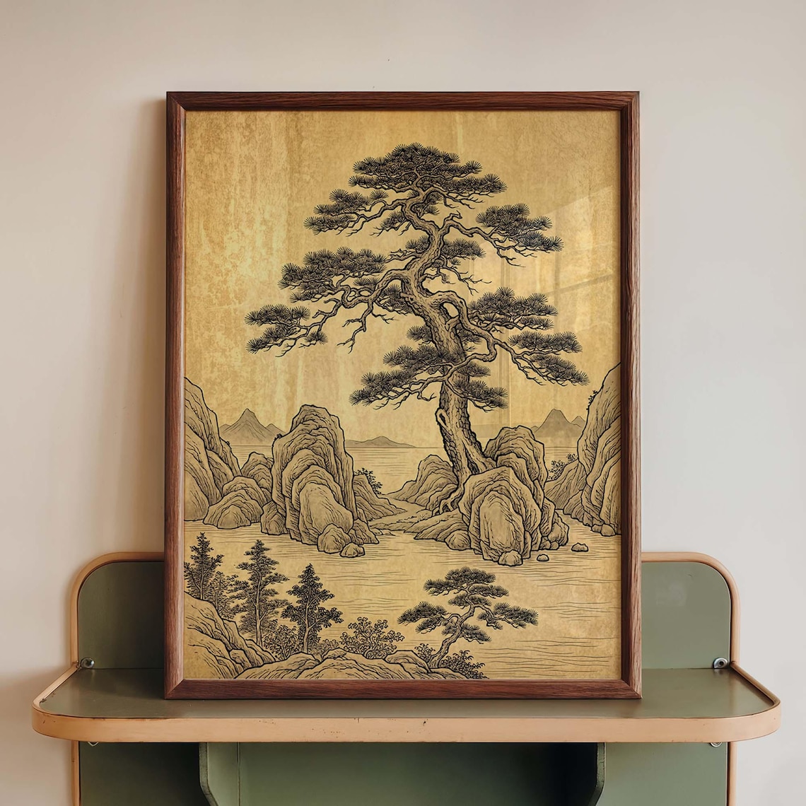 Japanese Pine Landscape - Vintage Sepia Print