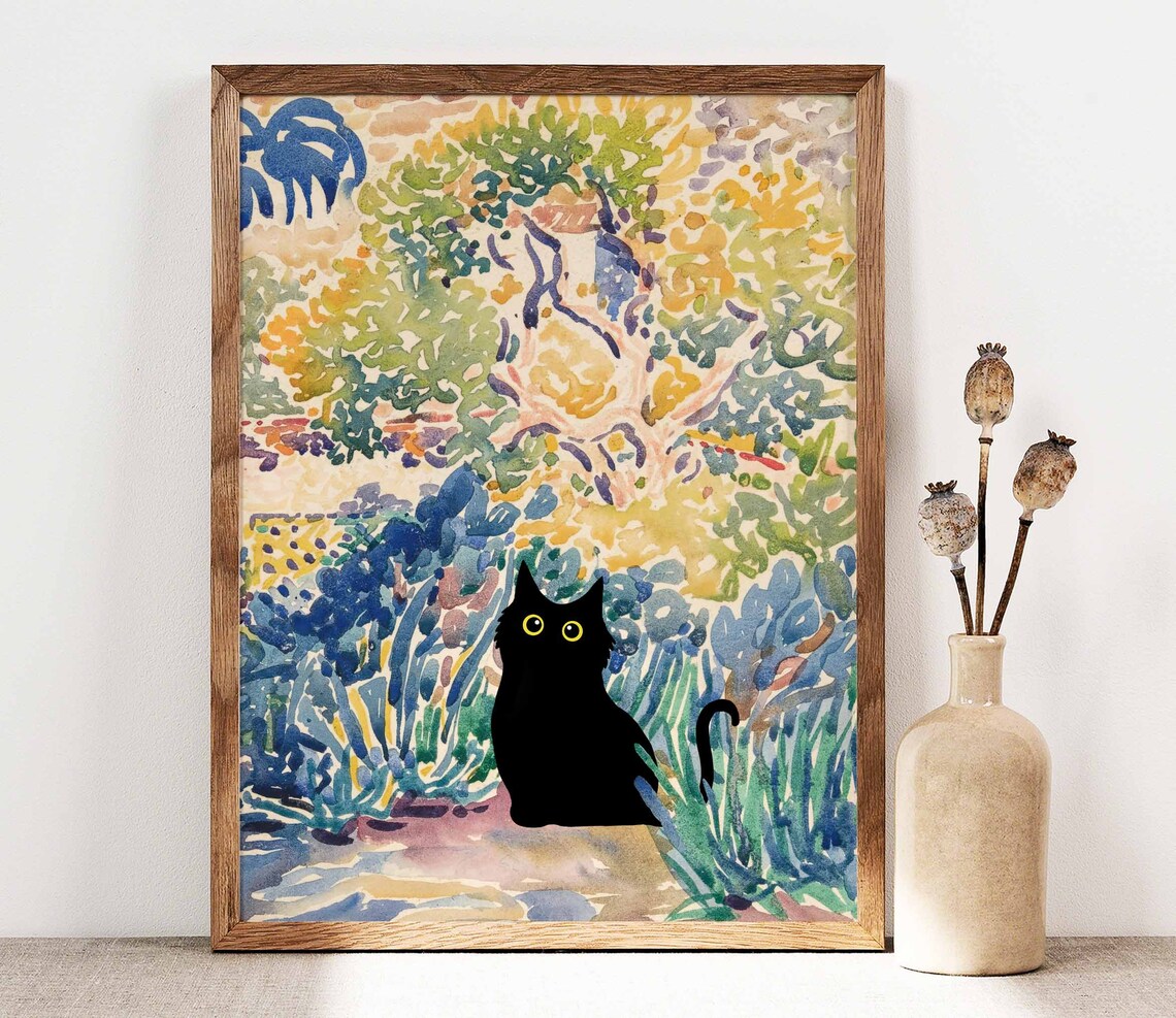 Black Cat Silhouette in a Pointillist Impressionist Garden Poster