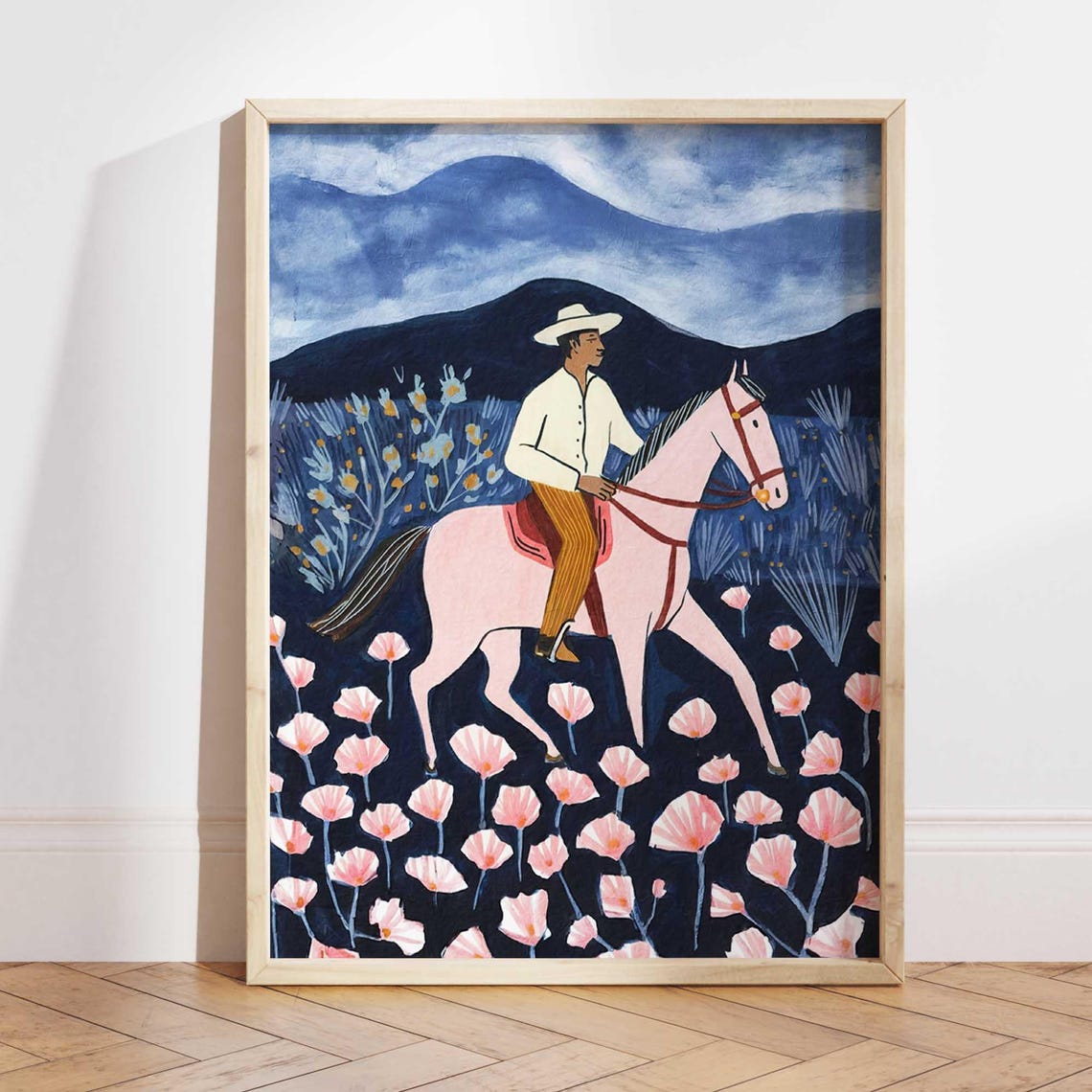 Mexican Cowboy on Pink Horse Riding Through Poppy Field Night Poster