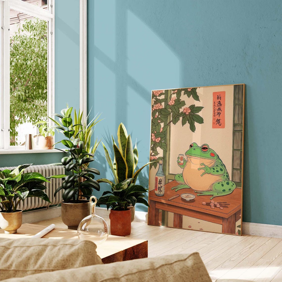 Chubby Green Frog Drinking Sake Japanese Woodblock Art Poster - Image 2