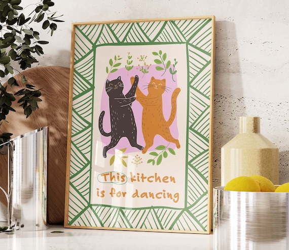 This Kitchen Is For Dancing Black And Orange Cats Hand Drawn Poster