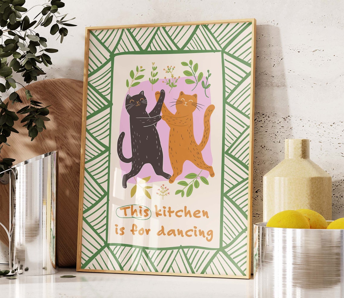 This Kitchen Is For Dancing Black And Orange Cats Hand Drawn Poster