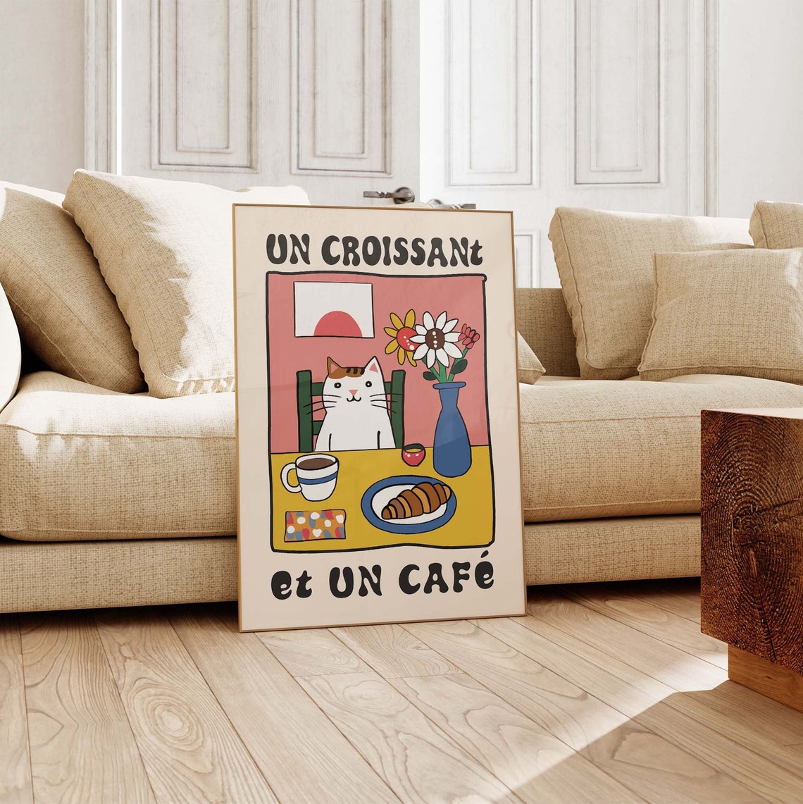 Cat With Croissant and Coffee French Cafe Kitchen Art Poster - Image 2