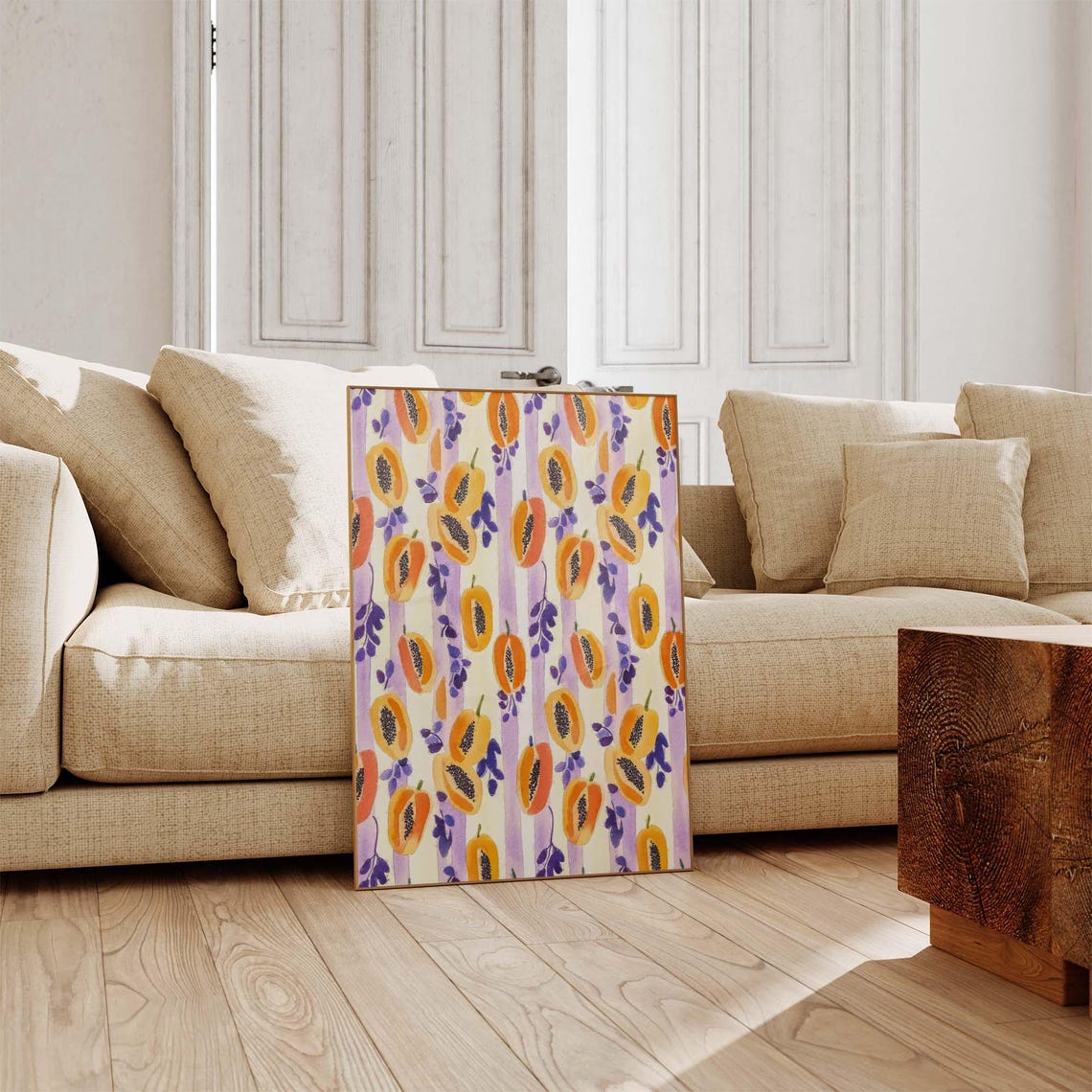 Papaya Slices On Lavender Stripes Tropical Fruit Pattern Poster - Image 3