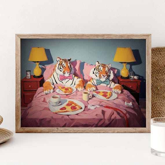 Tiger Couple Pizza Art Print, Whimsical Bedroom