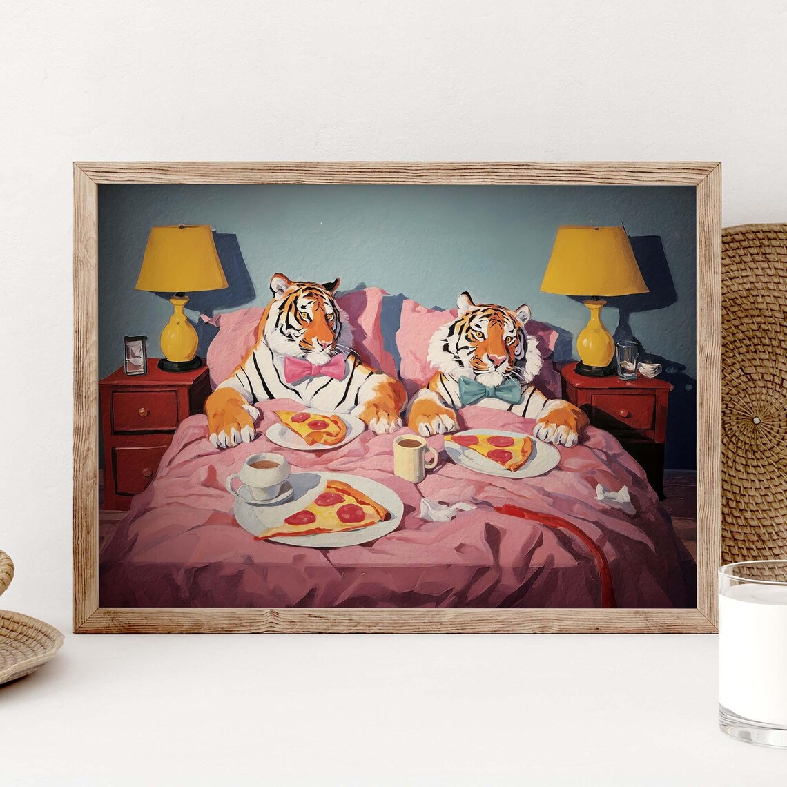 Tiger Couple Pizza Art Print, Whimsical Bedroom