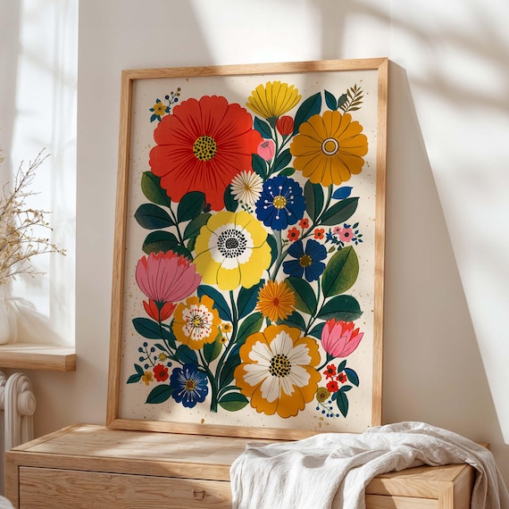 Colorful Scandinavian Folk Flower Bouquet Bright Botanical Art Poster