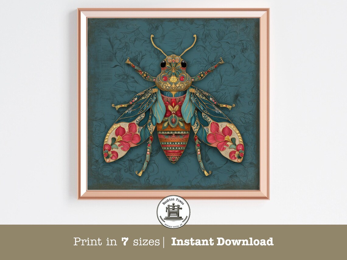 Ornate Folk Art Bee Illustration Print Red Teal Gold Intricate Insect Decor